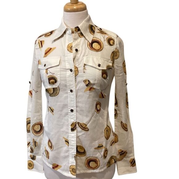 Tory Burch Brigitte Sun Hat Print  Long Sleeve Buttons Front Blouse Size 2 - Picture 1 of 13